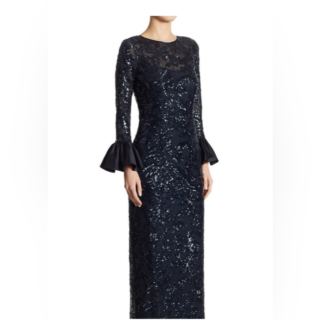 Teri Jon By Ricky Freeman Elegant Black Sequin Gown With Flared Bell Sleeves